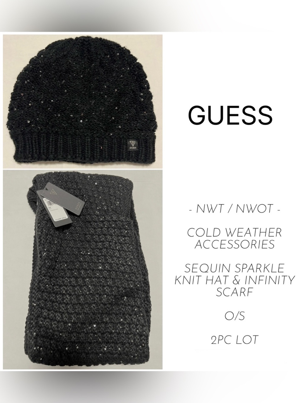 GUESS - NWT / NWOT - 2PCS - SEQUIN SPARKLE BLACK KNIT HAT & INFINITY SCARF